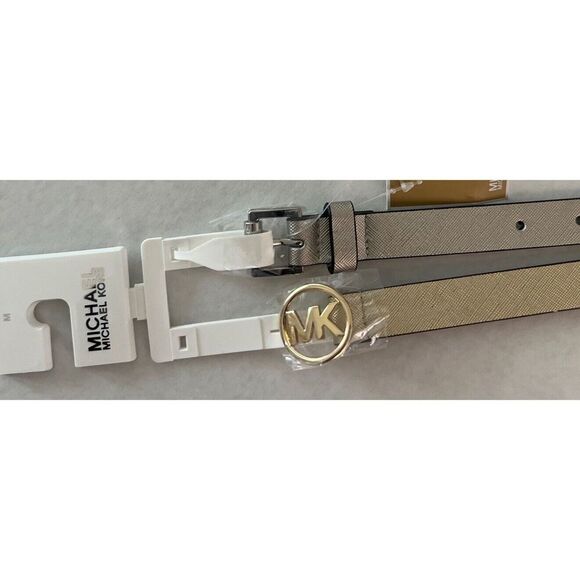 MICHAEL KORS BELT SET (2) METALLIC GOLD & Silver SKINNY MK LOGO Round BUCKLE - Picture 10 of 10